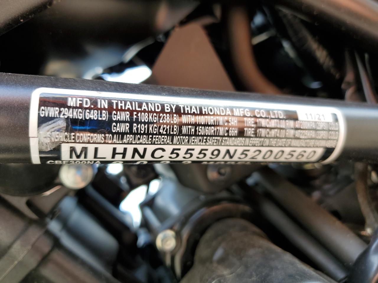 2022 Honda Cbf300 Na VIN: MLHNC5559N5200560 Lot: 65003355