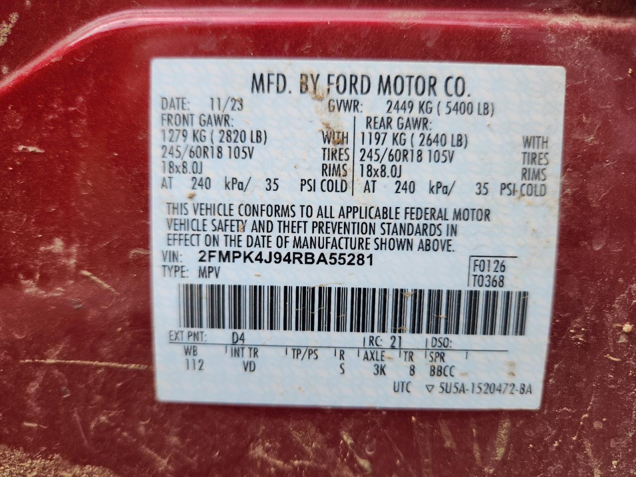 2024 Ford Edge Sel VIN: 2FMPK4J94RBA55281 Lot: 64223245