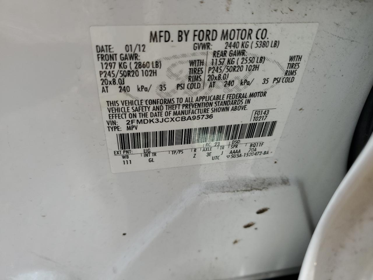 2012 Ford Edge Sel VIN: 2FMDK3JCXCBA95736 Lot: 64456845