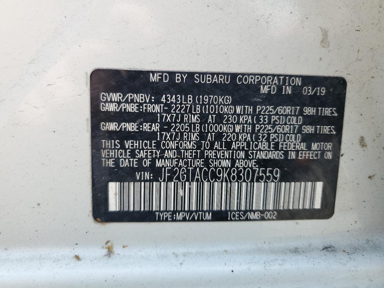2019 Subaru Crosstrek Premium VIN: JF2GTACC9K8307559 Lot: 61956995