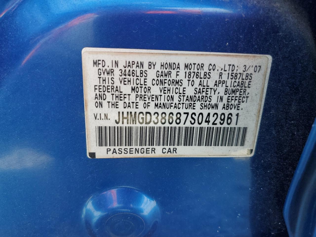 2007 Honda Fit S VIN: JHMGD38687S042961 Lot: 64621515