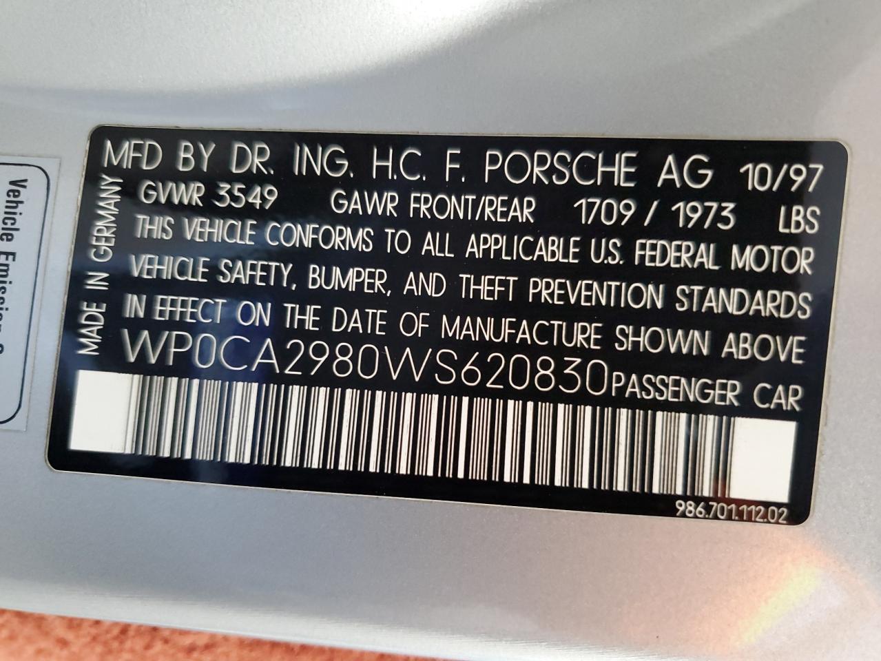 1998 Porsche Boxster VIN: WP0CA2980WS620830 Lot: 64331095