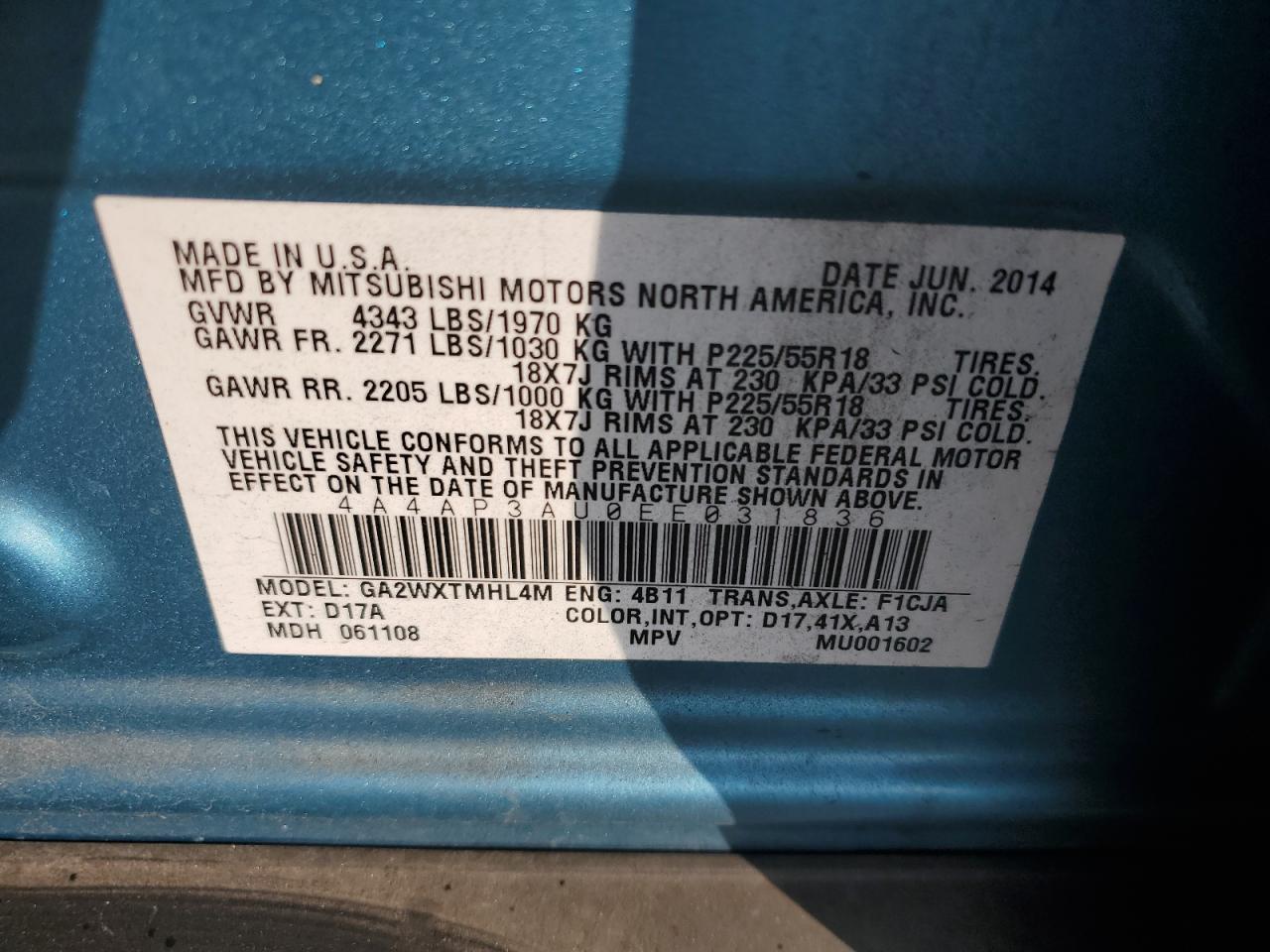 2014 Mitsubishi Outlander Sport Es VIN: 4A4AP3AU0EE031836 Lot: 64734255