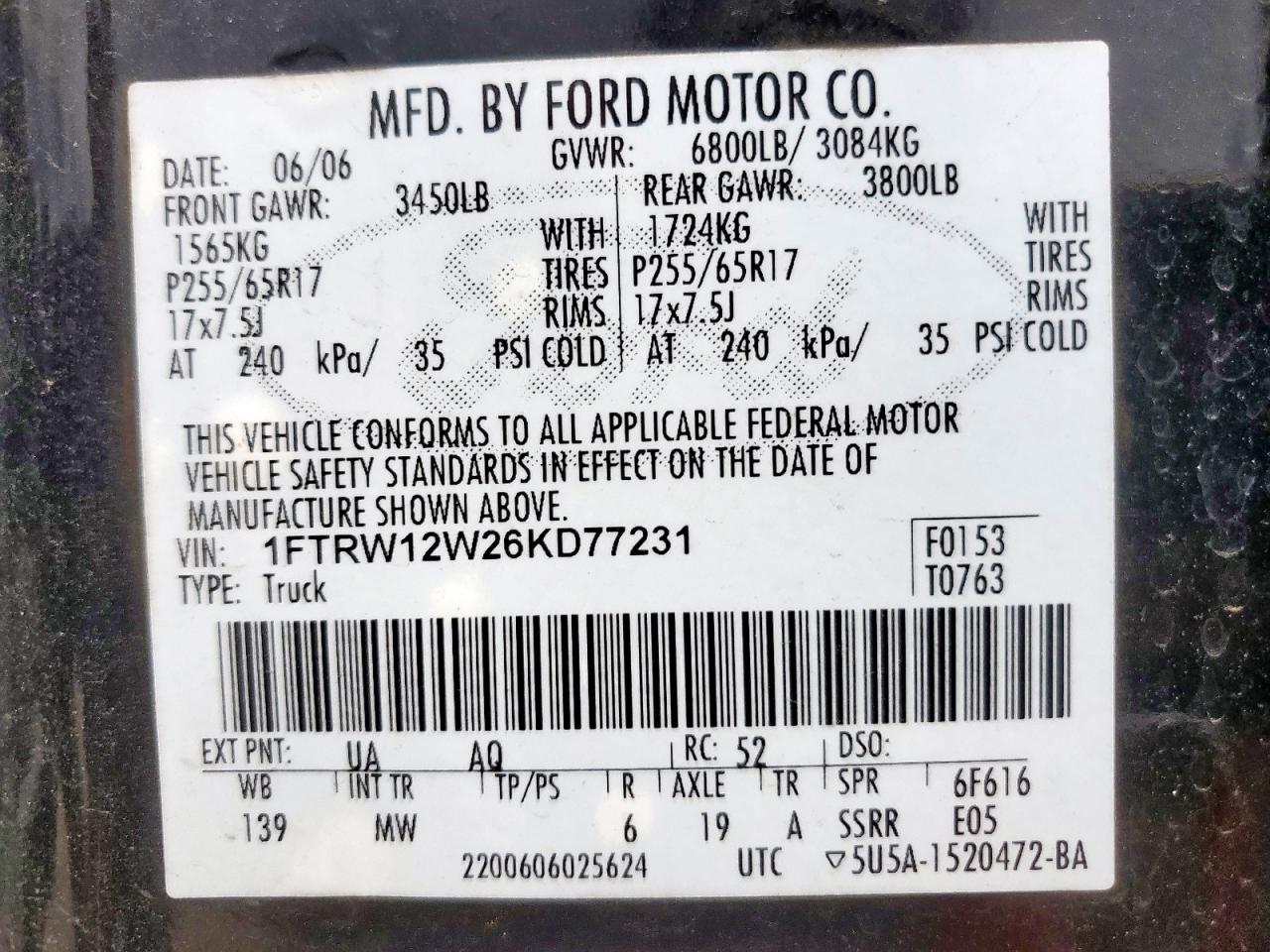 2006 Ford F150 Supercrew VIN: 1FTRW12W26KD77231 Lot: 64665575