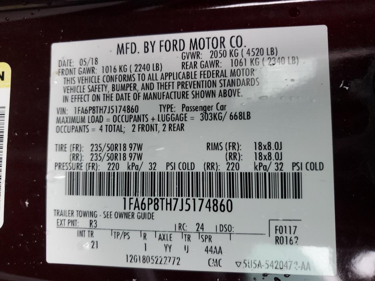 2018 Ford Mustang VIN: 1FA6P8TH7J5174860 Lot: 64517685
