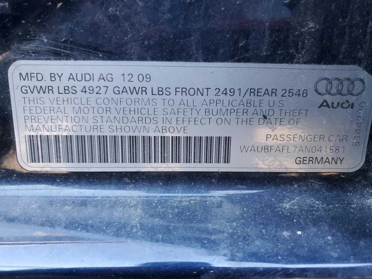2010 Audi A4 Premium VIN: WAUBFAFL7AN041581 Lot: 65379865