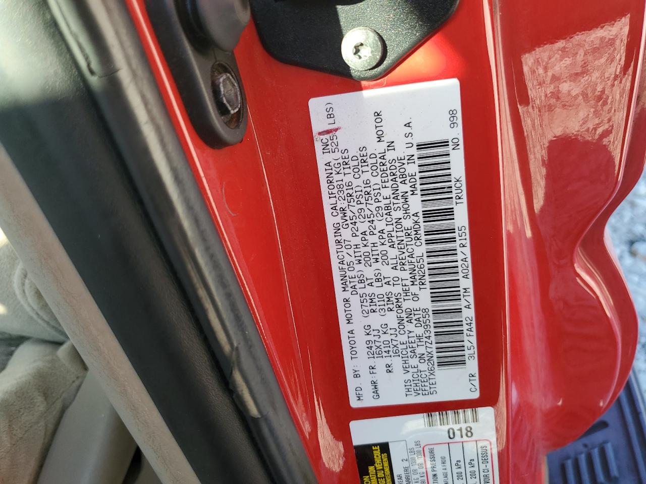 2007 Toyota Tacoma Prerunner Access Cab VIN: 5TETX62NX7Z439558 Lot: 65039815