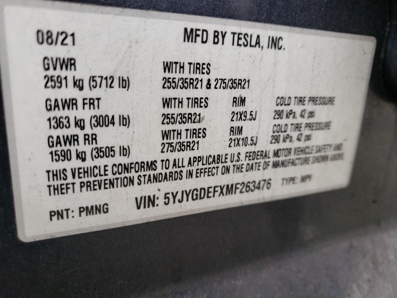 2021 Tesla Model Y VIN: 5YJYGDEFXMF263476 Lot: 65538205
