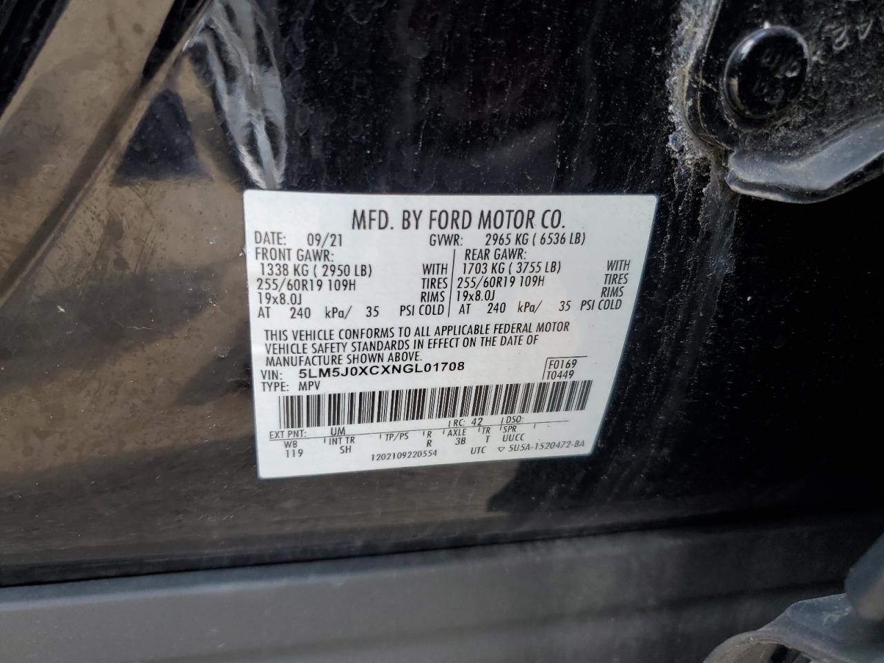 2022 Lincoln Aviator VIN: 5LM5J0XCXNGL01708 Lot: 63318445