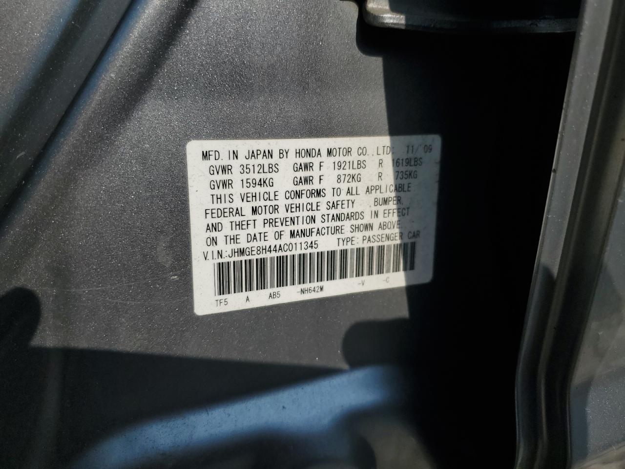 2010 Honda Fit Sport VIN: JHMGE8H44AC011345 Lot: 65296625