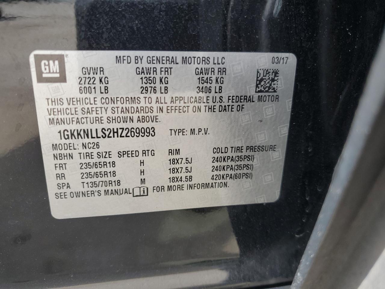 2017 GMC Acadia Sle VIN: 1GKKNLLS2HZ269993 Lot: 66540995