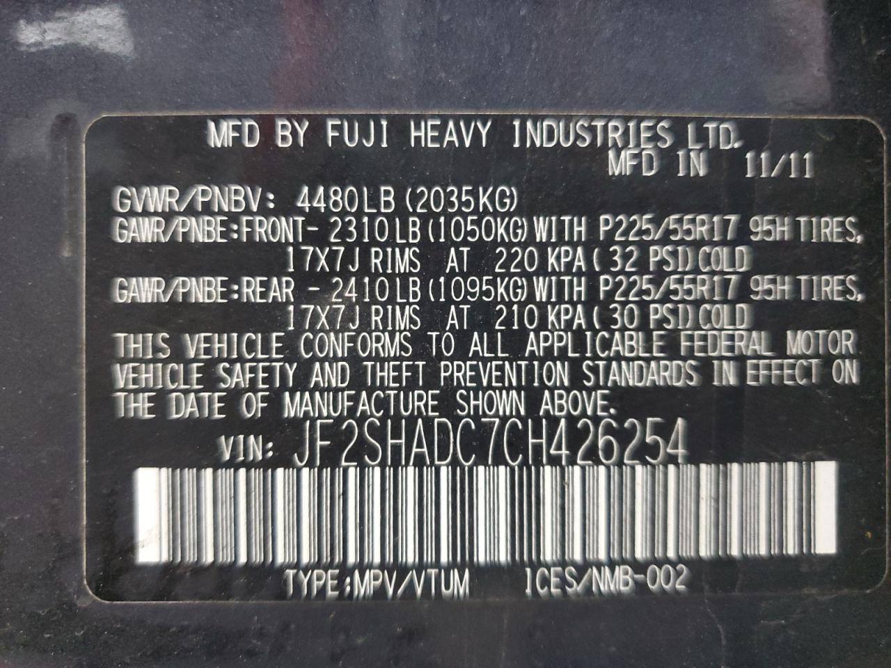 2012 Subaru Forester 2.5X Premium VIN: JF2SHADC7CH426254 Lot: 65325075