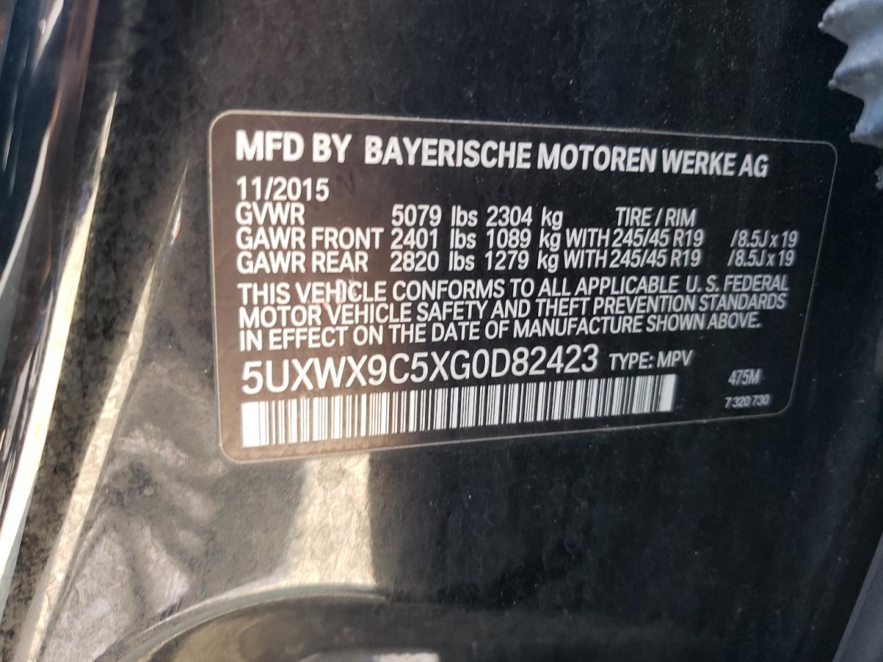 2016 BMW X3 xDrive28I VIN: 5UXWX9C5XG0D82423 Lot: 64011385