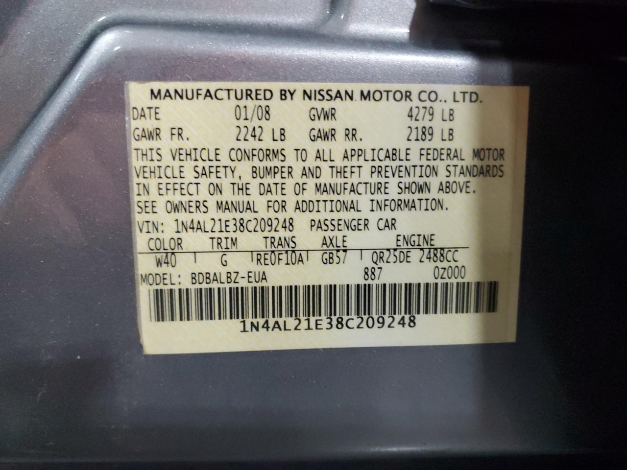 2008 Nissan Altima 2.5 VIN: 1N4AL21E38C209248 Lot: 65310175