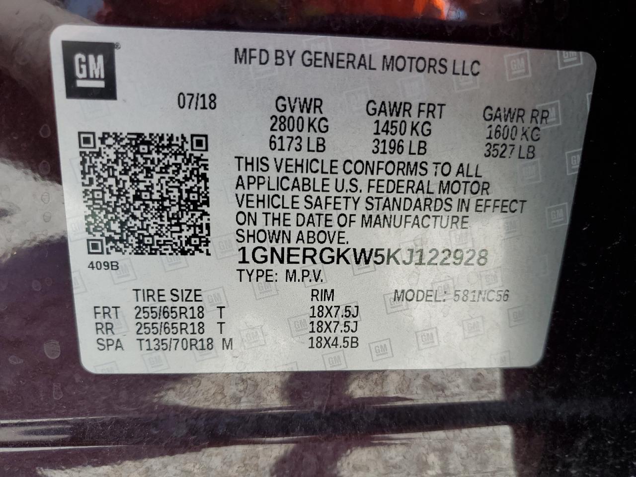 2019 Chevrolet Traverse Lt VIN: 1GNERGKW5KJ122928 Lot: 65286705