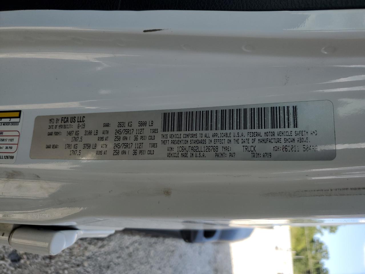 2020 Jeep Gladiator Sport VIN: 1C6HJTAG2LL126769 Lot: 65274735