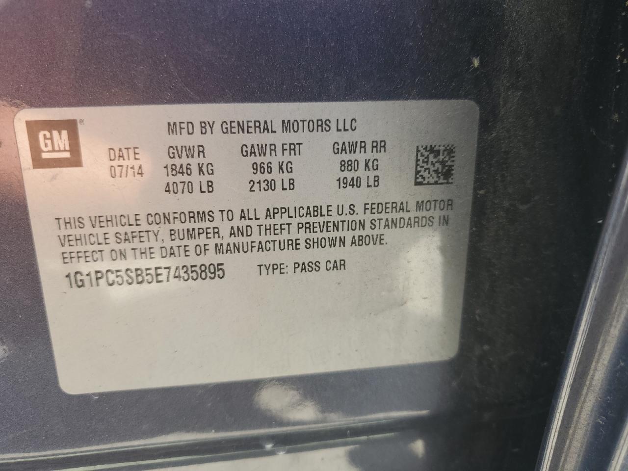 2014 Chevrolet Cruze Lt VIN: 1G1PC5SB5E7435895 Lot: 63445615