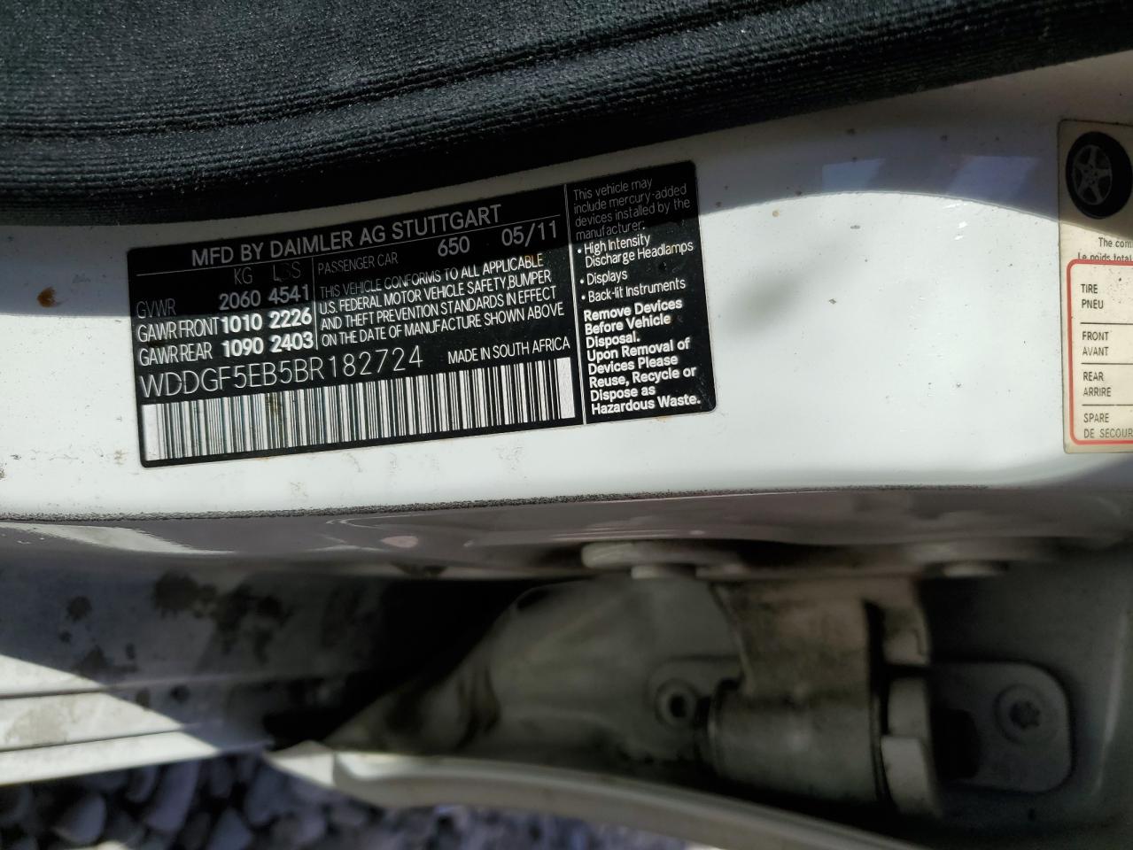 2011 Mercedes-Benz C 300 VIN: WDDGF5EB5BR182724 Lot: 65445665