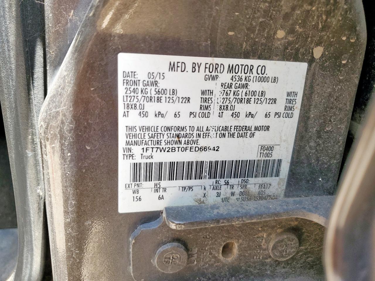 2015 Ford F250 Super Duty VIN: 1FT7W2BT0FED66942 Lot: 66212645