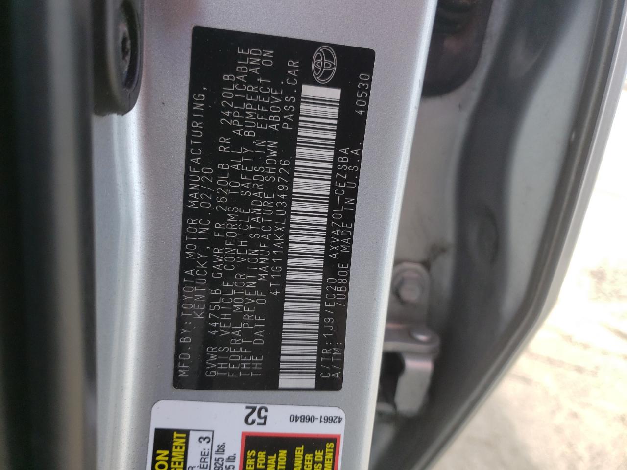 2020 Toyota Camry Se VIN: 4T1G11AKXLU349726 Lot: 65263465