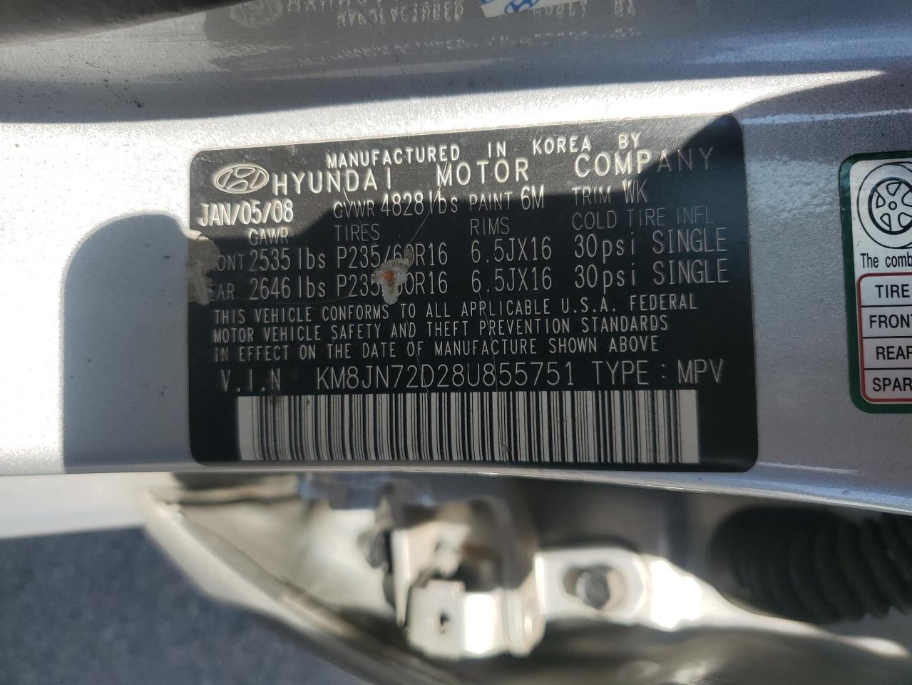 2008 Hyundai Tucson Se VIN: KM8JN72D28U855751 Lot: 64925045