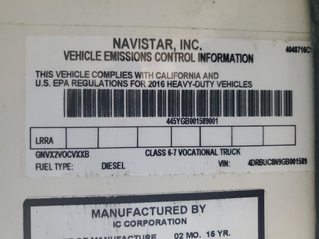 2016 Ic Corporation 3000 Ce VIN: 4DRBUC8NRGB001589 Lot: 64978005