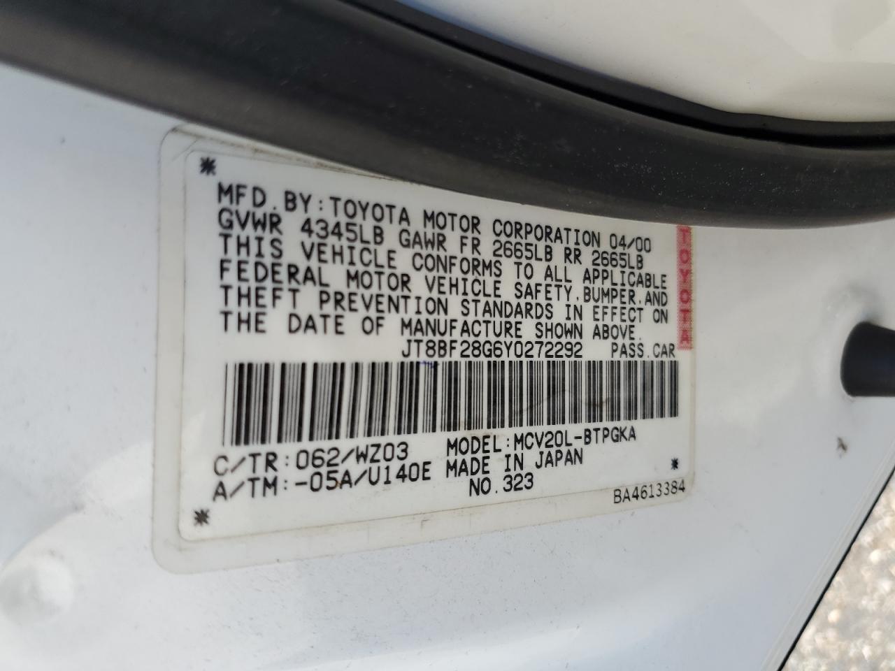 2000 Lexus Es 300 VIN: JT8BF28G6Y0272292 Lot: 63679475