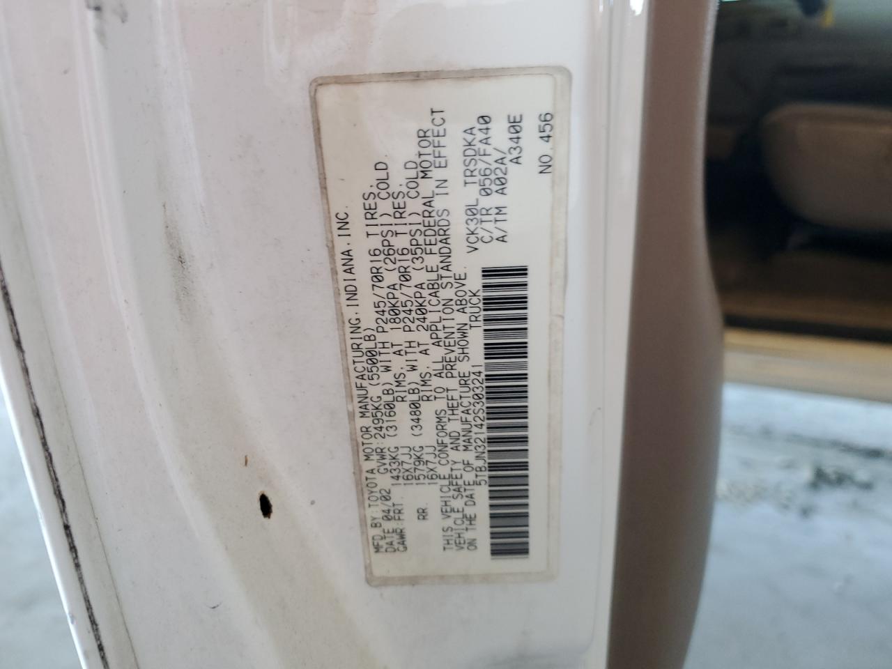 2002 Toyota Tundra VIN: 5TBJN32142S303241 Lot: 64789225