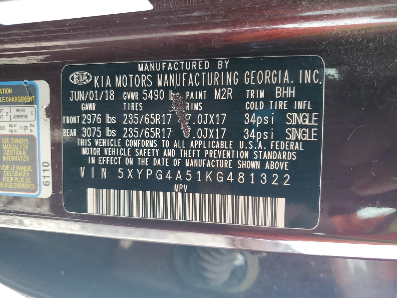 2019 Kia Sorento Lx VIN: 5XYPG4A51KG481322 Lot: 64904485