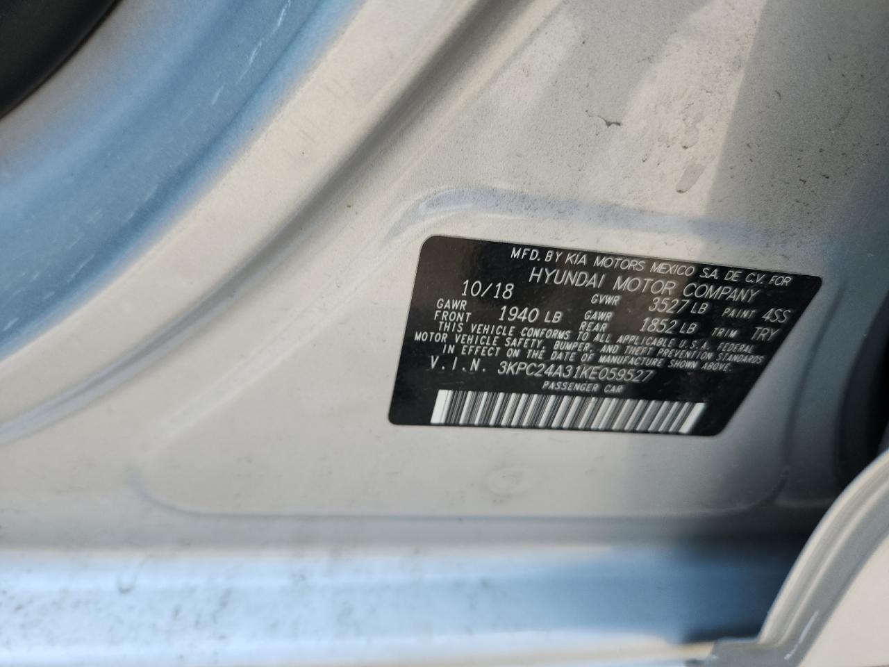2019 Hyundai Accent Se VIN: 3KPC24A31KE059527 Lot: 63243395