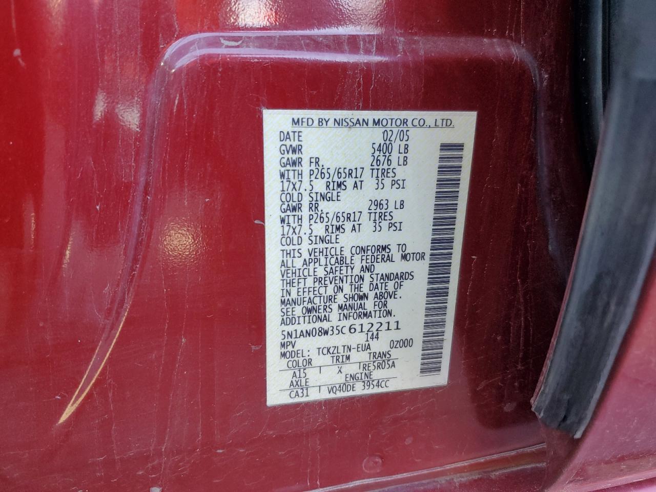 2005 Nissan Xterra Off Road VIN: 5N1AN08W35C612211 Lot: 64241125