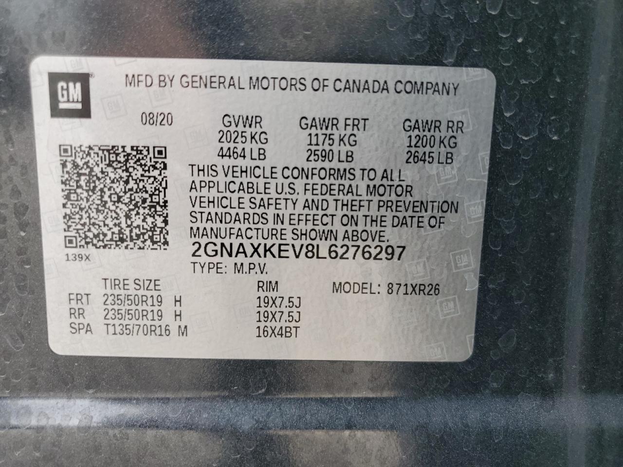 2020 Chevrolet Equinox Lt VIN: 2GNAXKEV8L6276297 Lot: 65577725