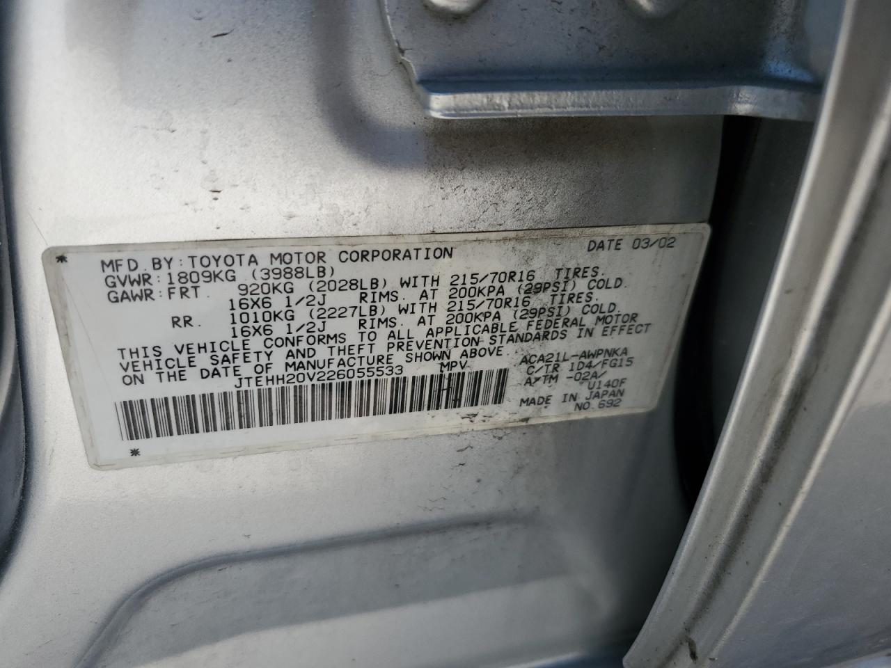 2002 Toyota Rav4 VIN: JTEHH20V226055533 Lot: 65149215