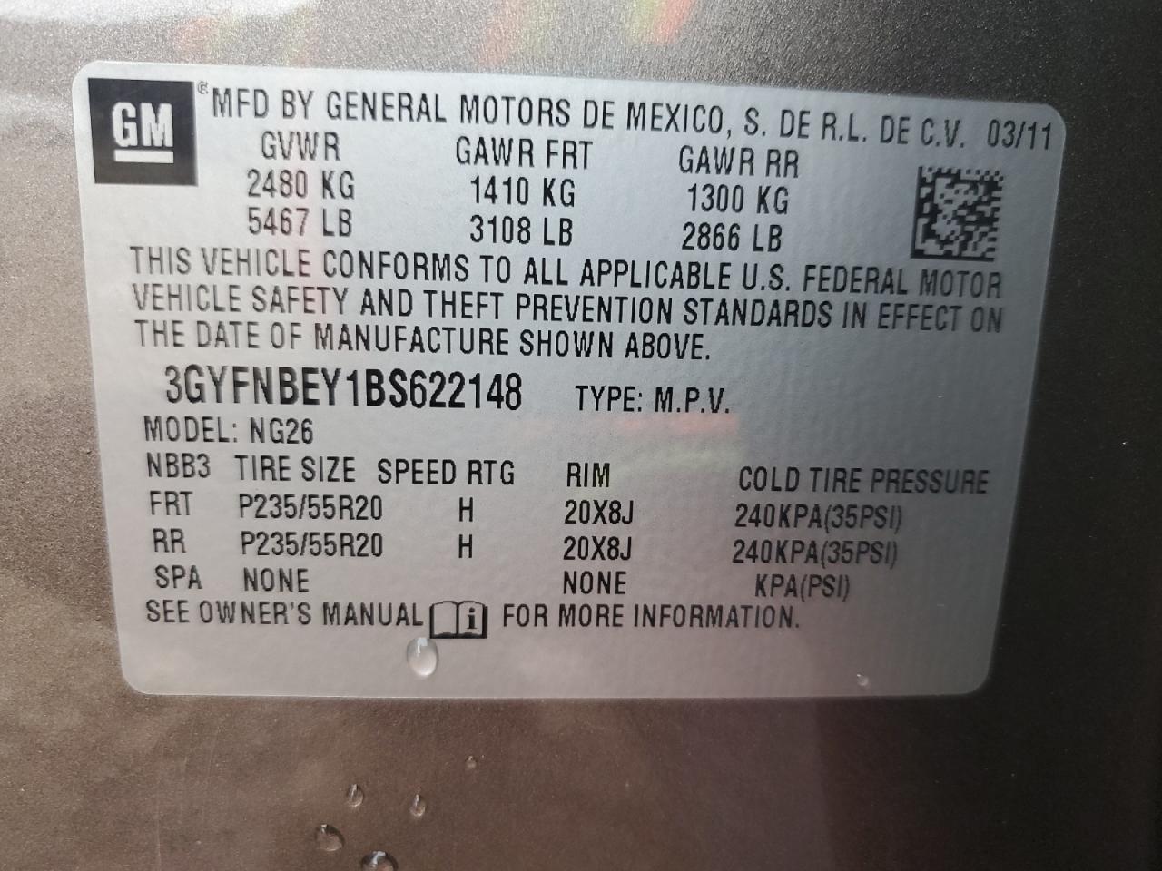 2011 Cadillac Srx Performance Collection VIN: 3GYFNBEY1BS622148 Lot: 65685235