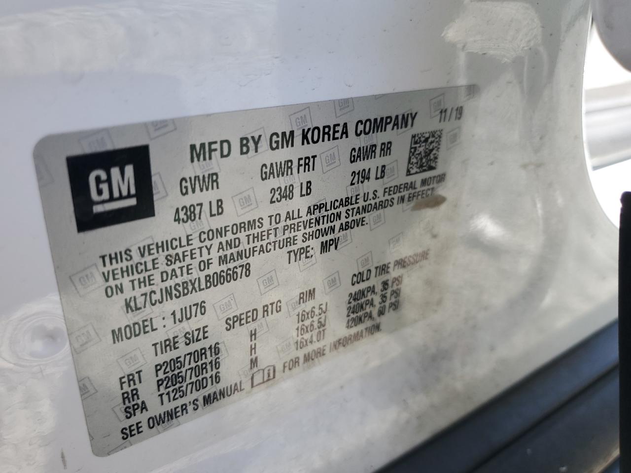 2020 Chevrolet Trax Ls VIN: KL7CJNSBXLB066678 Lot: 66166885