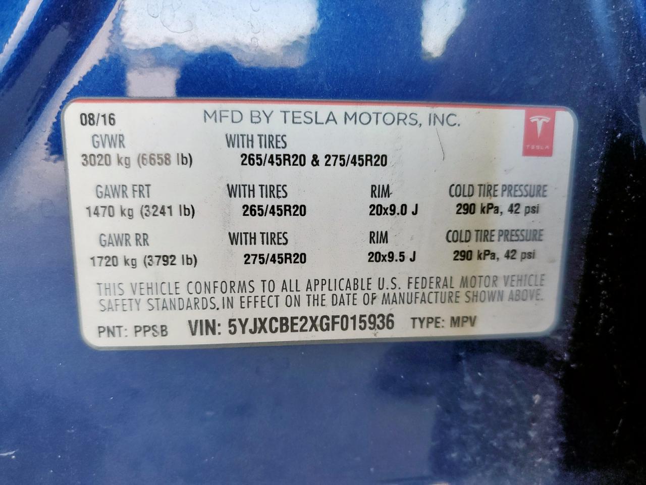 2016 Tesla Model X VIN: 5YJXCBE2XGF015936 Lot: 65657765