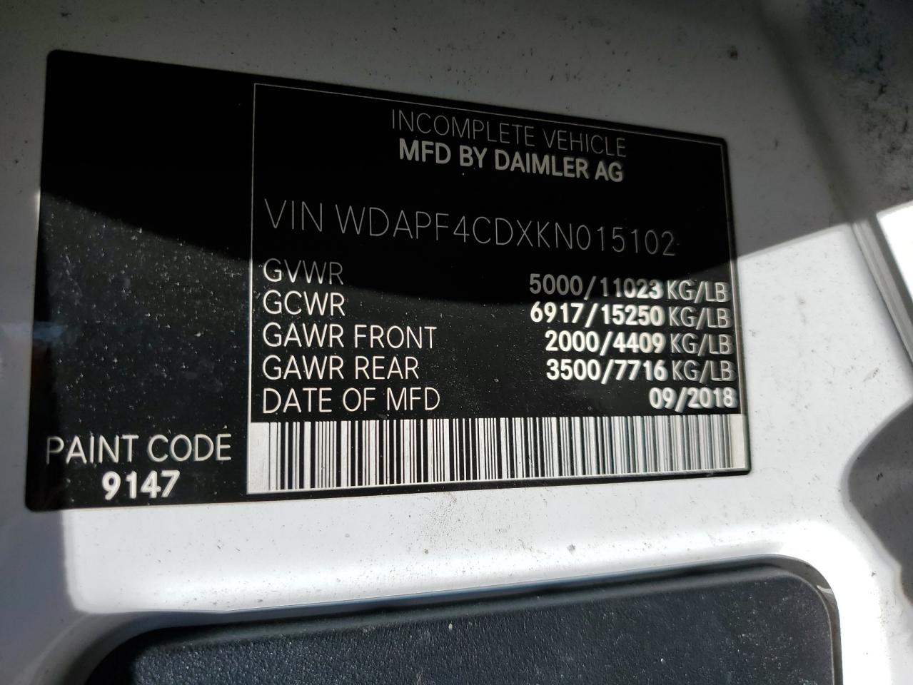 wdapf4cdxkn015102 WDAPF4CDXKN015102 2019 Mercedes-Benz Sprinter 3500/4500