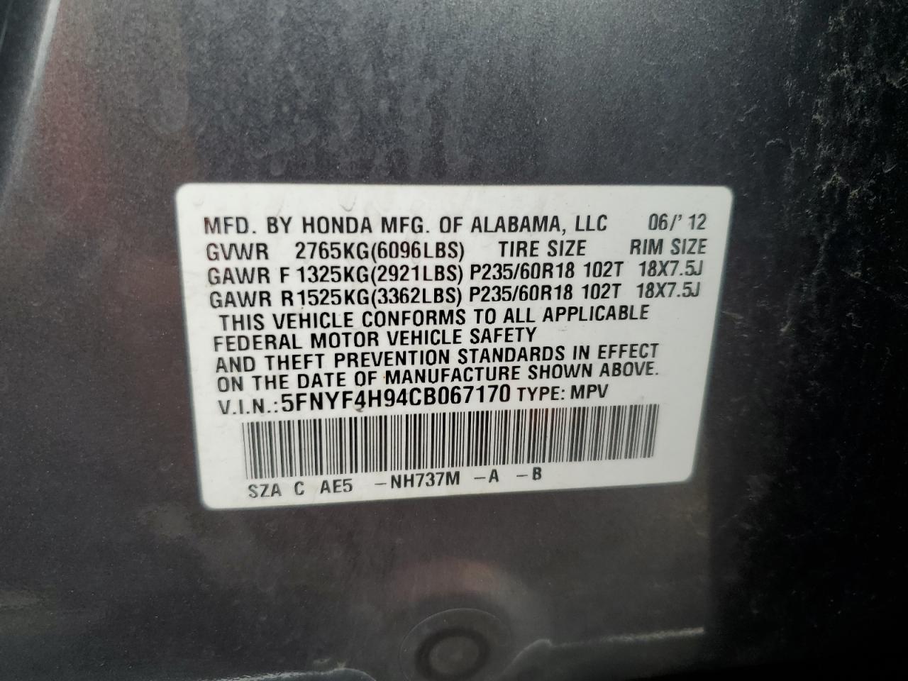 2012 Honda Pilot Touring VIN: 5FNYF4H94CB067170 Lot: 64721705