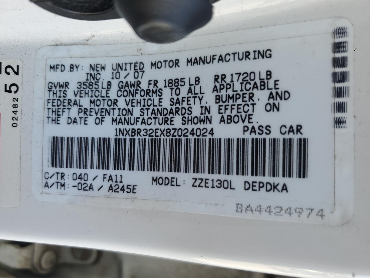 2008 Toyota Corolla Ce VIN: 1NXBR32EX8Z024024 Lot: 64830905