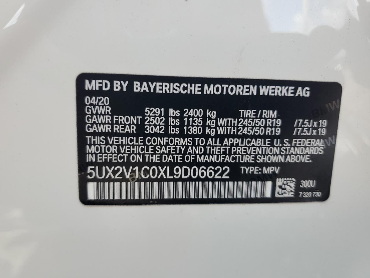 2020 BMW X4 xDrive30I VIN: 5UX2V1C0XL9D06622 Lot: 64495785
