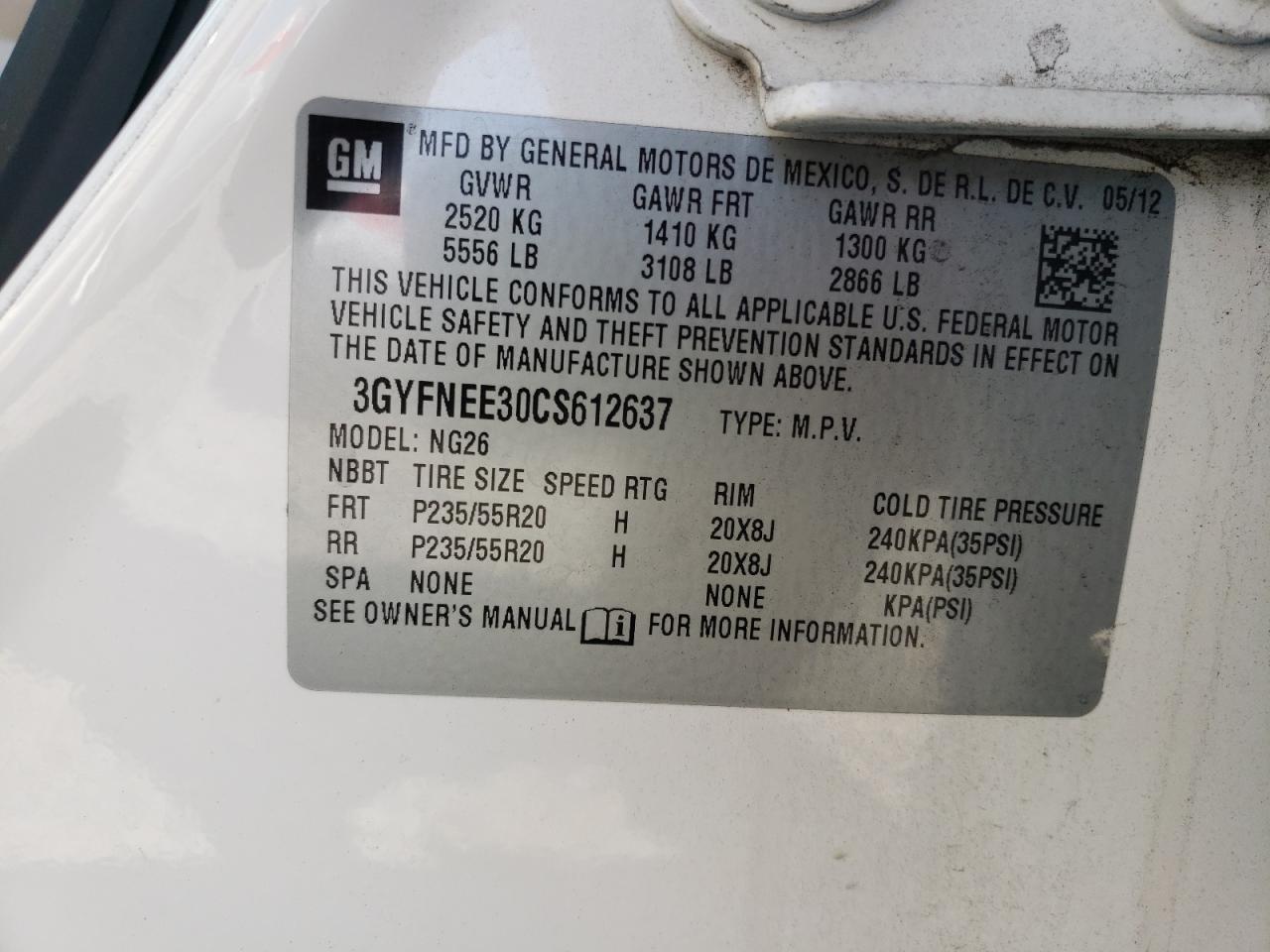 2012 Cadillac Srx Performance Collection VIN: 3GYFNEE30CS612637 Lot: 65767185