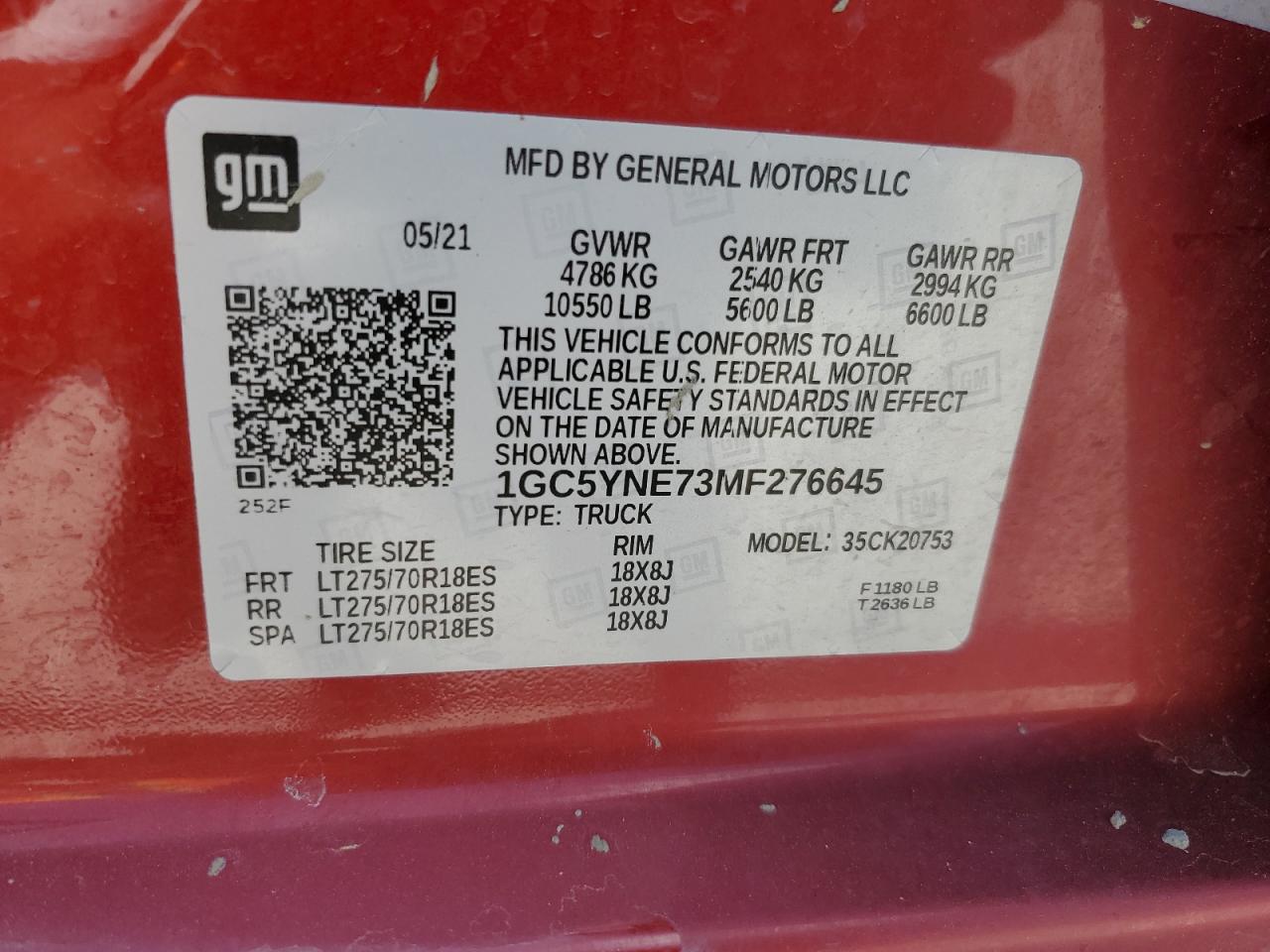 2021 Chevrolet Silverado K2500 Heavy Duty Lt VIN: 1GC5YNE73MF276645 Lot: 64817575