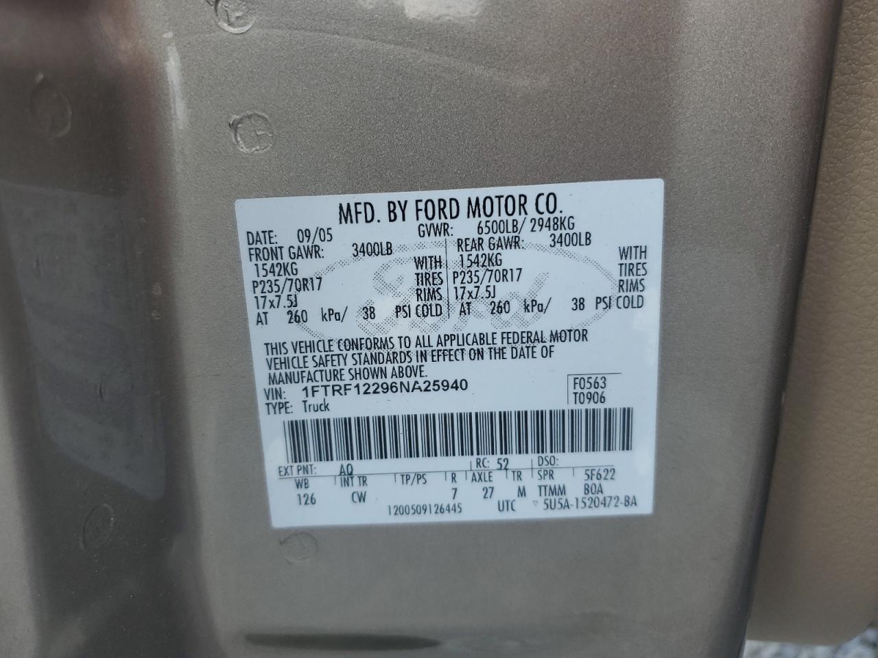 2006 Ford F150 VIN: 1FTRF12296NA25940 Lot: 65044605
