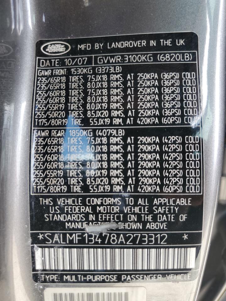 2008 Land Rover Range Rover Supercharged VIN: SALMF13478A273312 Lot: 65309235
