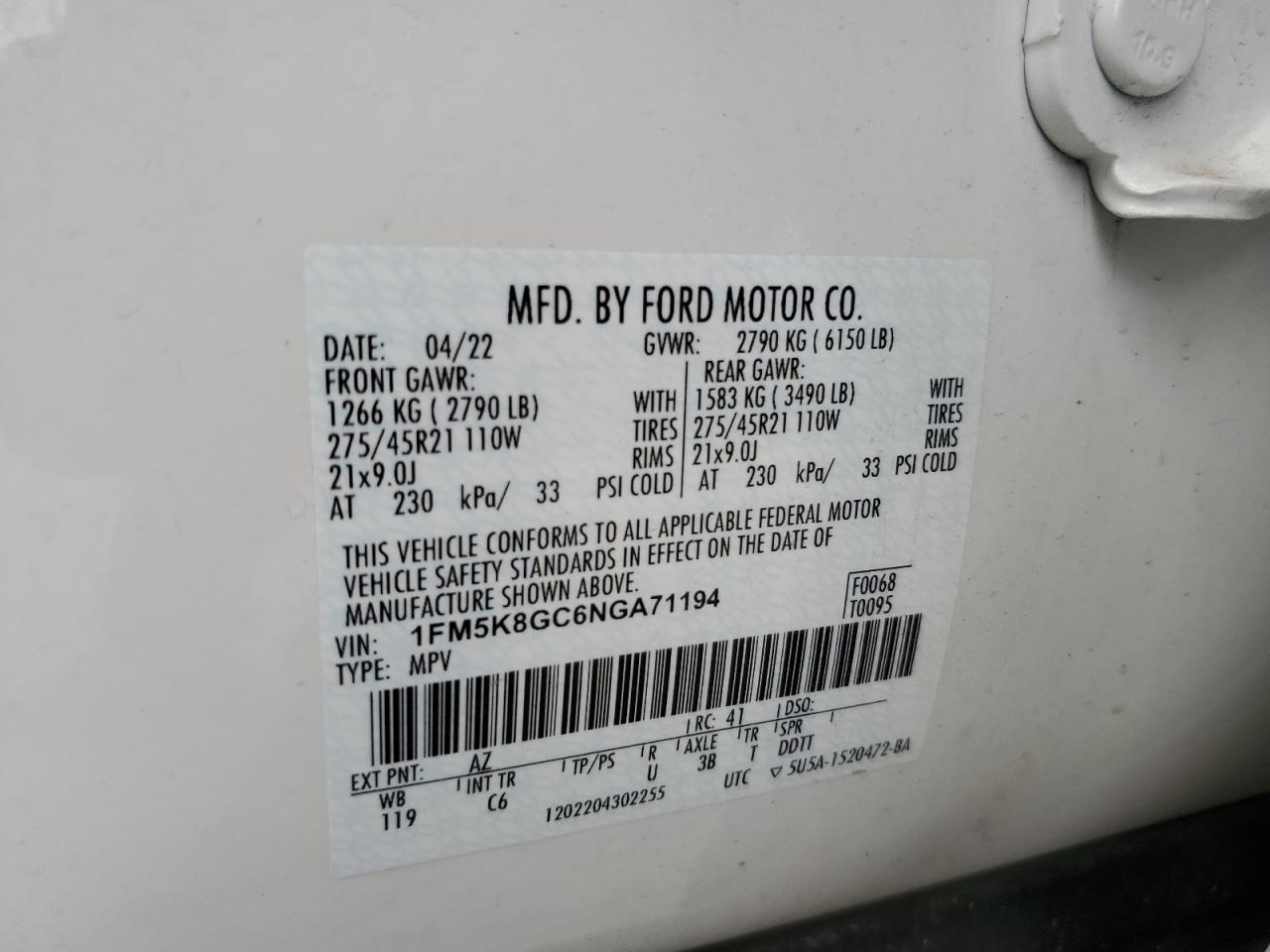 2022 Ford Explorer St VIN: 1FM5K8GC6NGA71194 Lot: 63322655
