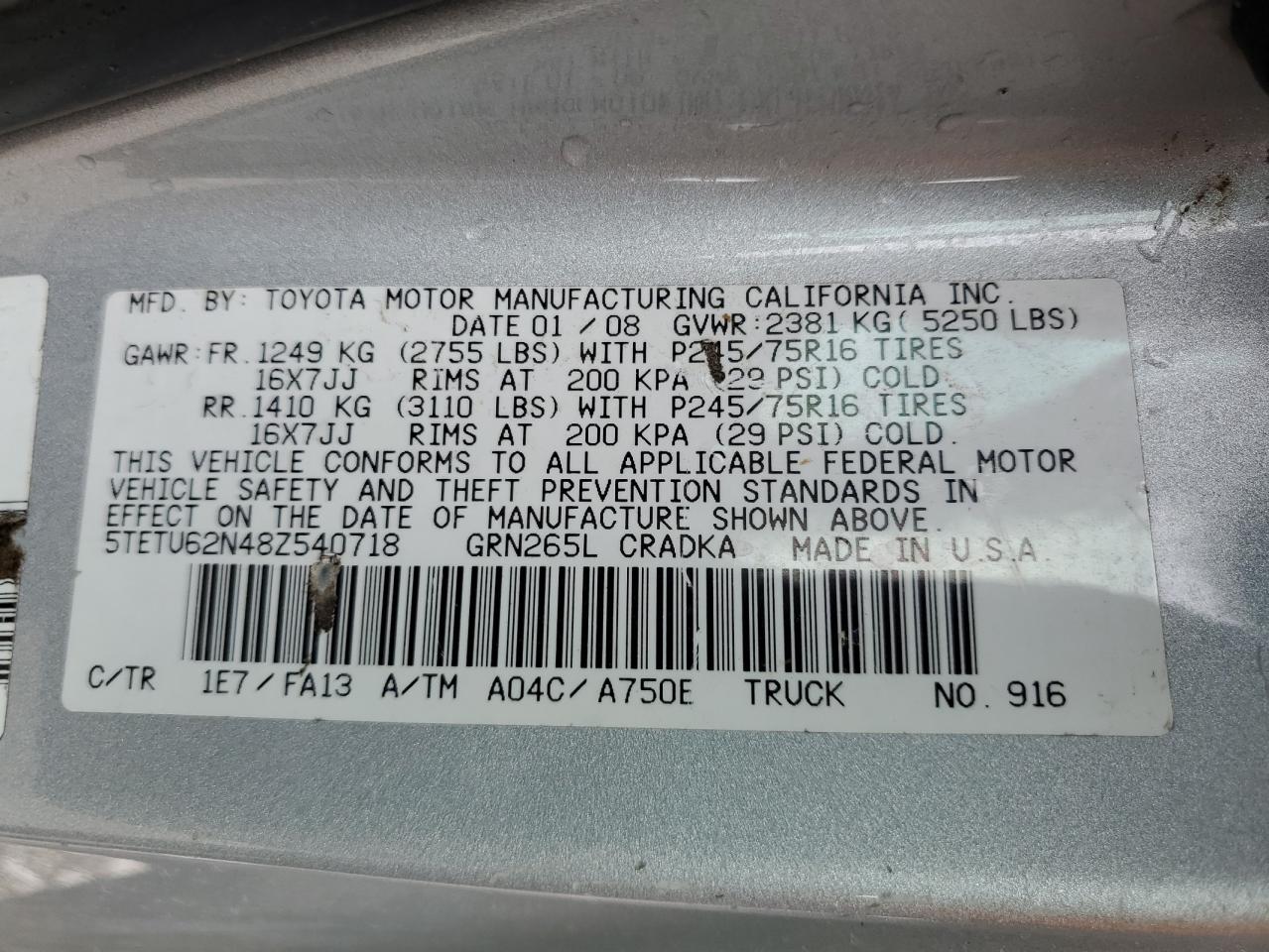 2008 Toyota Tacoma Prerunner Access Cab VIN: 5TETU62N48Z540718 Lot: 63018755