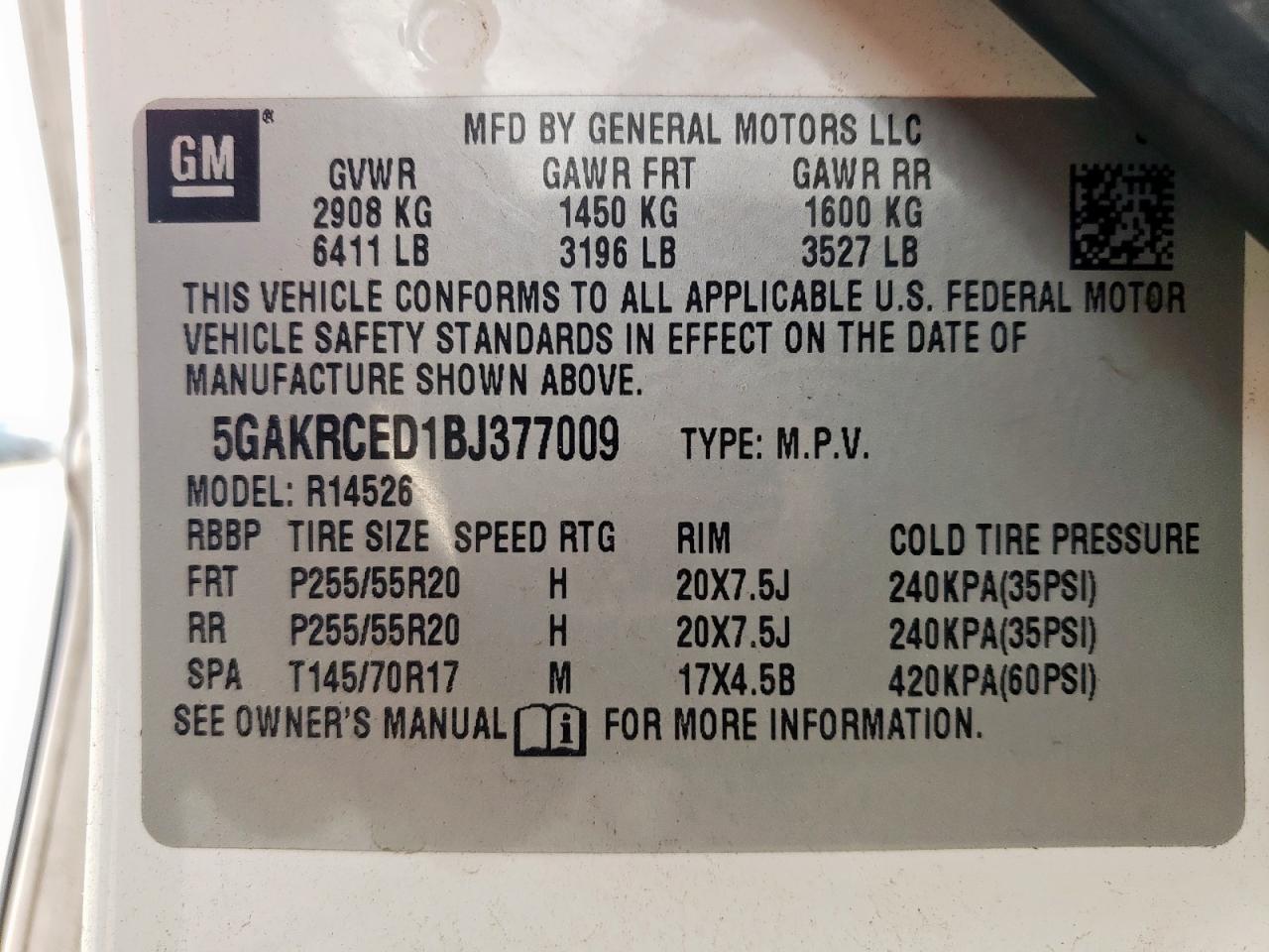 2011 Buick Enclave Cxl VIN: 5GAKRCED1BJ377009 Lot: 63067855