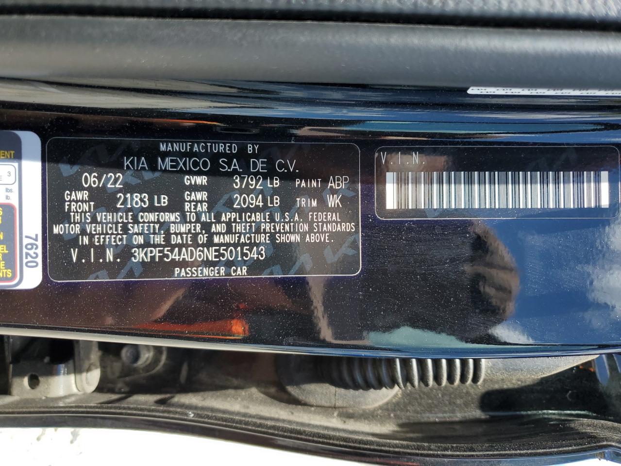 2022 Kia Forte Gt Line VIN: 3KPF54AD6NE501543 Lot: 65136875