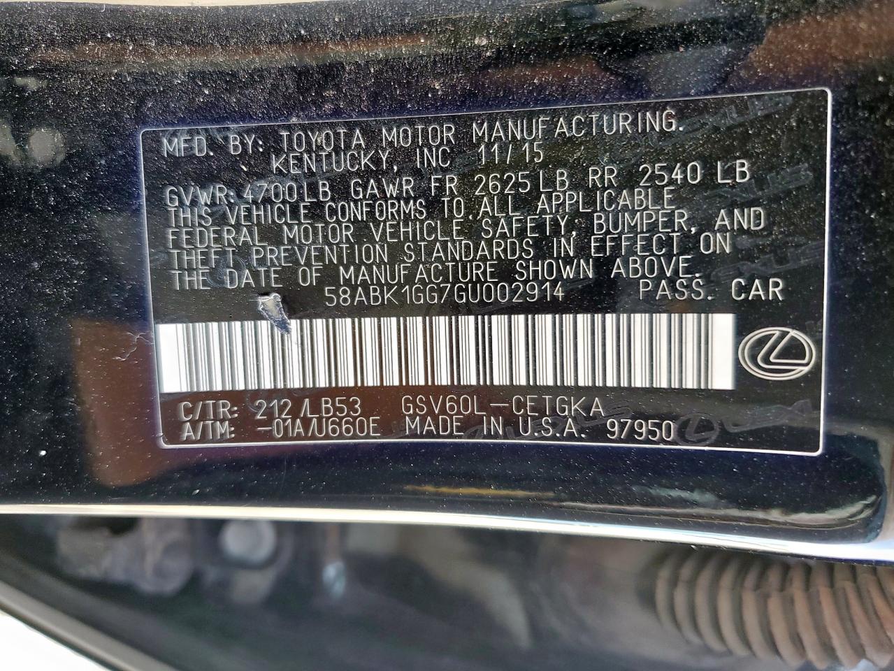 2016 Lexus Es 350 VIN: 58ABK1GG7GU002914 Lot: 65136185