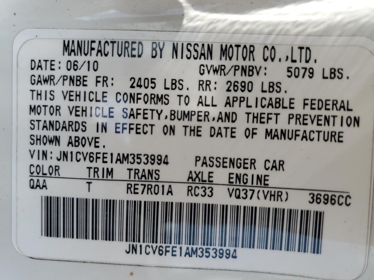 2010 Infiniti G37 Base VIN: JN1CV6FE1AM353994 Lot: 64059785